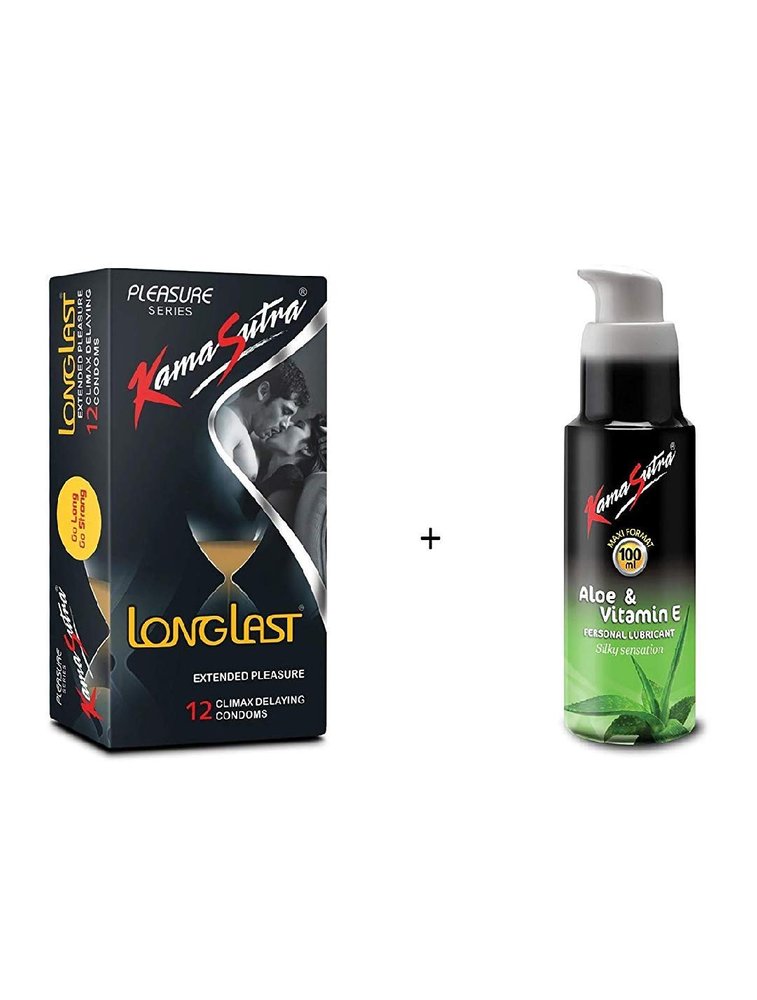 KamaSutra Combo of Extended Pleasure 12 Condoms and Aloe Vera Vitamin E Lubricants (50ml)