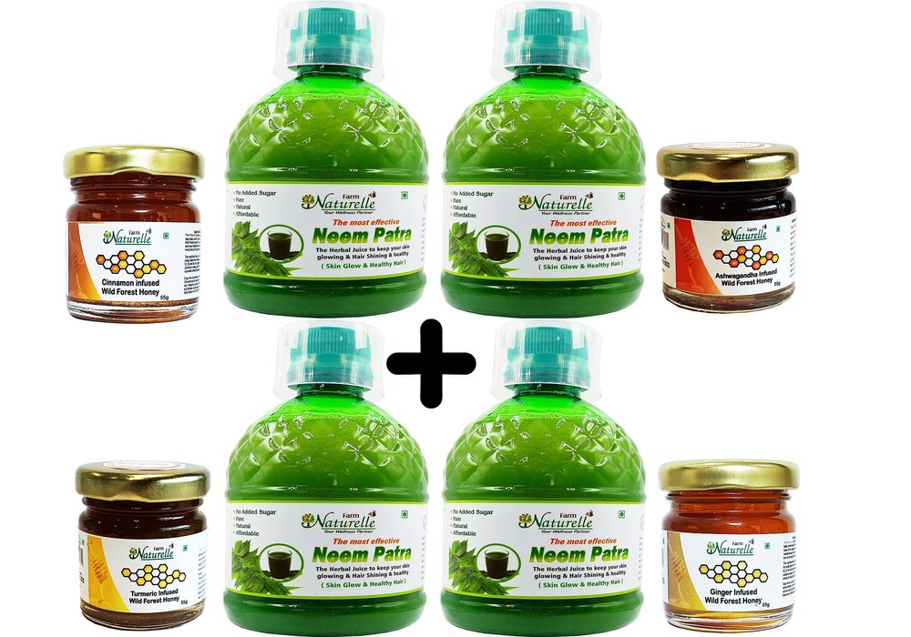Farm Naturelle-Pure Neem Juice for Purifying Blood and for Skin Glow. 400 ml x 4 Bottles + 55gx4