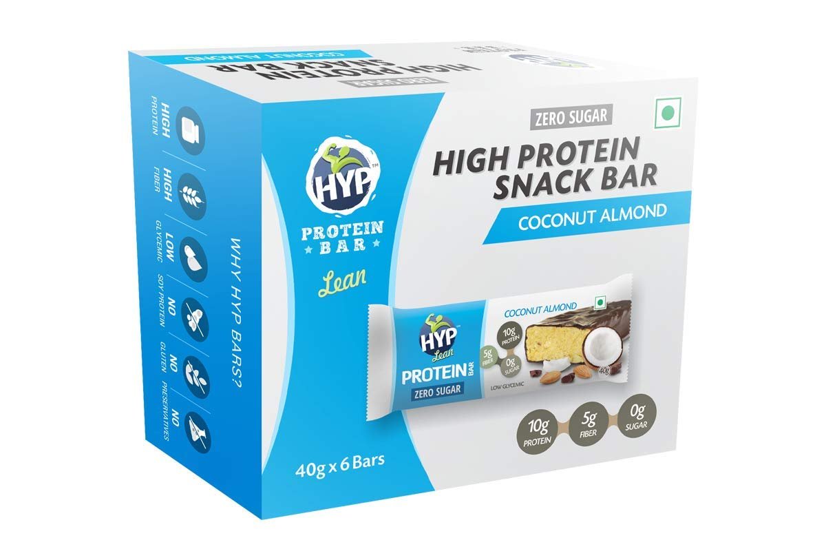 HYP- Lean Sugar Free Protein Bar, Coconut Almond (6x40g) | 10 g Protein per Bar | No Added Sugar | Gluten Free High Protein Bars | No Soy Protein | High Protein Snacks With Zero Preservatives