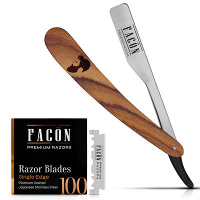 Facn Razors Professional Wooden Straight Edge Barber Razor with 5 DE Blades and Leather Case
