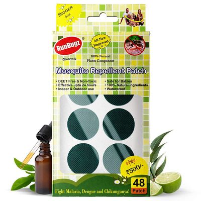 Runbugz 100% Natural Mosquito Repellent Patches for Kids 48 Patches Green - Effective Up to 12 Hours Safe for Kids Protect from Dengue, Malaria, Chikungunya