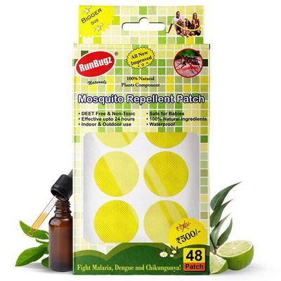 Runbugz 100% Natural Mosquito Repellent Patches for Kids 48 Patches Yellow - Effective Up to 12 Hours Safe for Kids Protect from Dengue, Malaria, Chikungunya