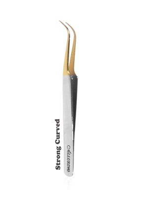 Alluring Chrome with Gold Tip Tweezers for Eyelash Extension - Strong Curve
