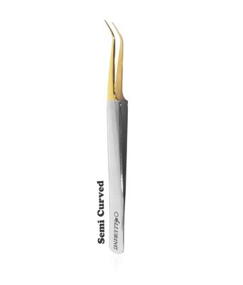Alluring Chrome with Gold Tip Tweezers for Eyelash Extension - Semi