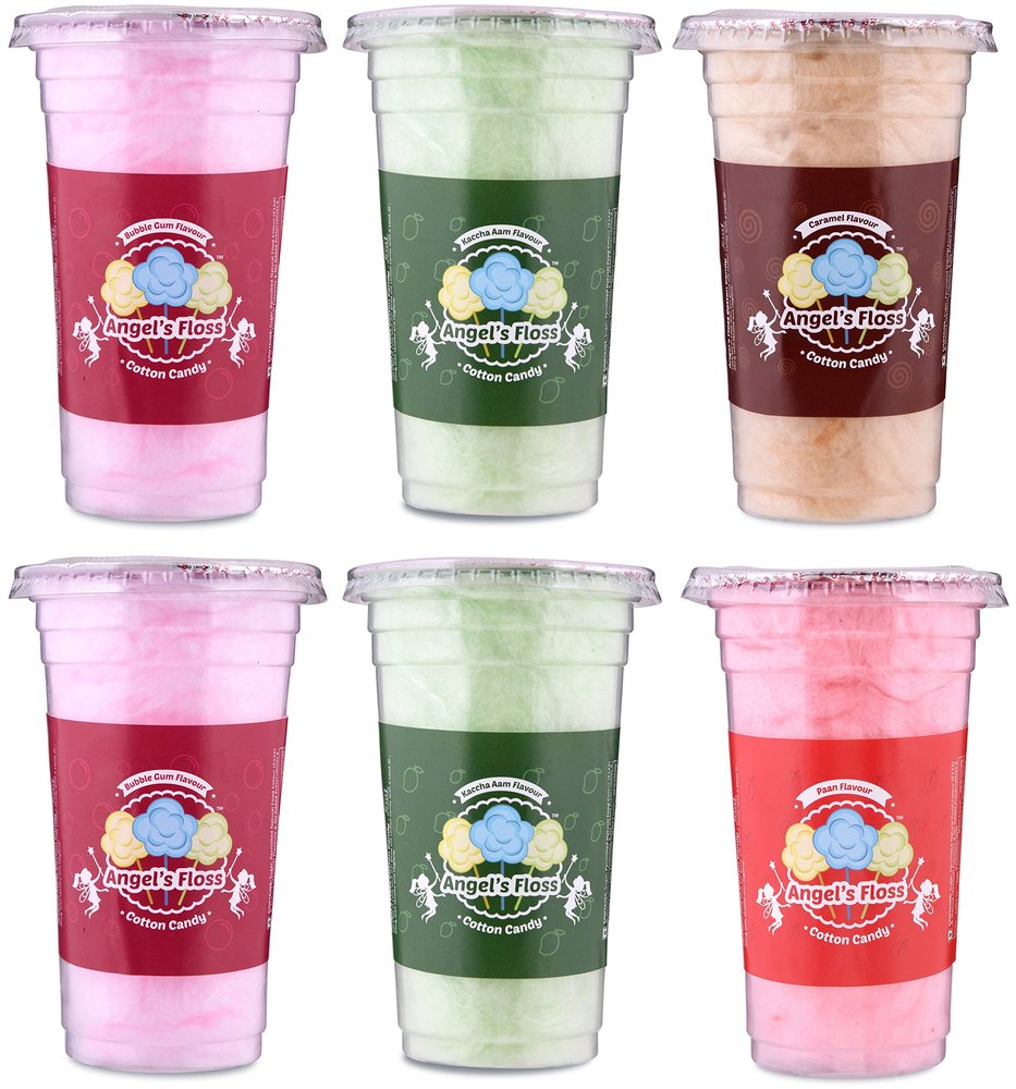 Angels Floss Cotton Candy's / Candy Floss / Buddhi Ke Baal - Bubble Gum / Caramel / Kaccha Aam / Paan Flavour - 30 GMS Each - Pack of 6 (2 Bubble Gum + 2 Kaccha Aam + 1 Caramel + 1 Paan)