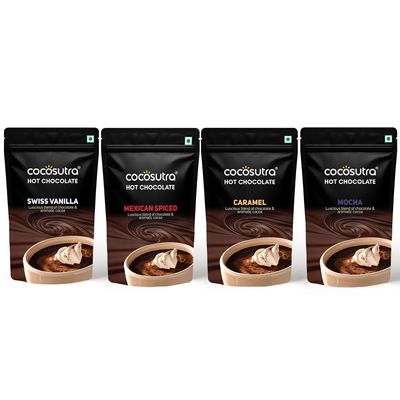 COCOSUTRA Hot Chocolate Mix | Swiss Vanilla, Mexican Spiced, Caramel & Mocha | Pack of 4 (Each 100 gm) 400 g | Drinking Chocolate Powder | Enjoy hot or cold