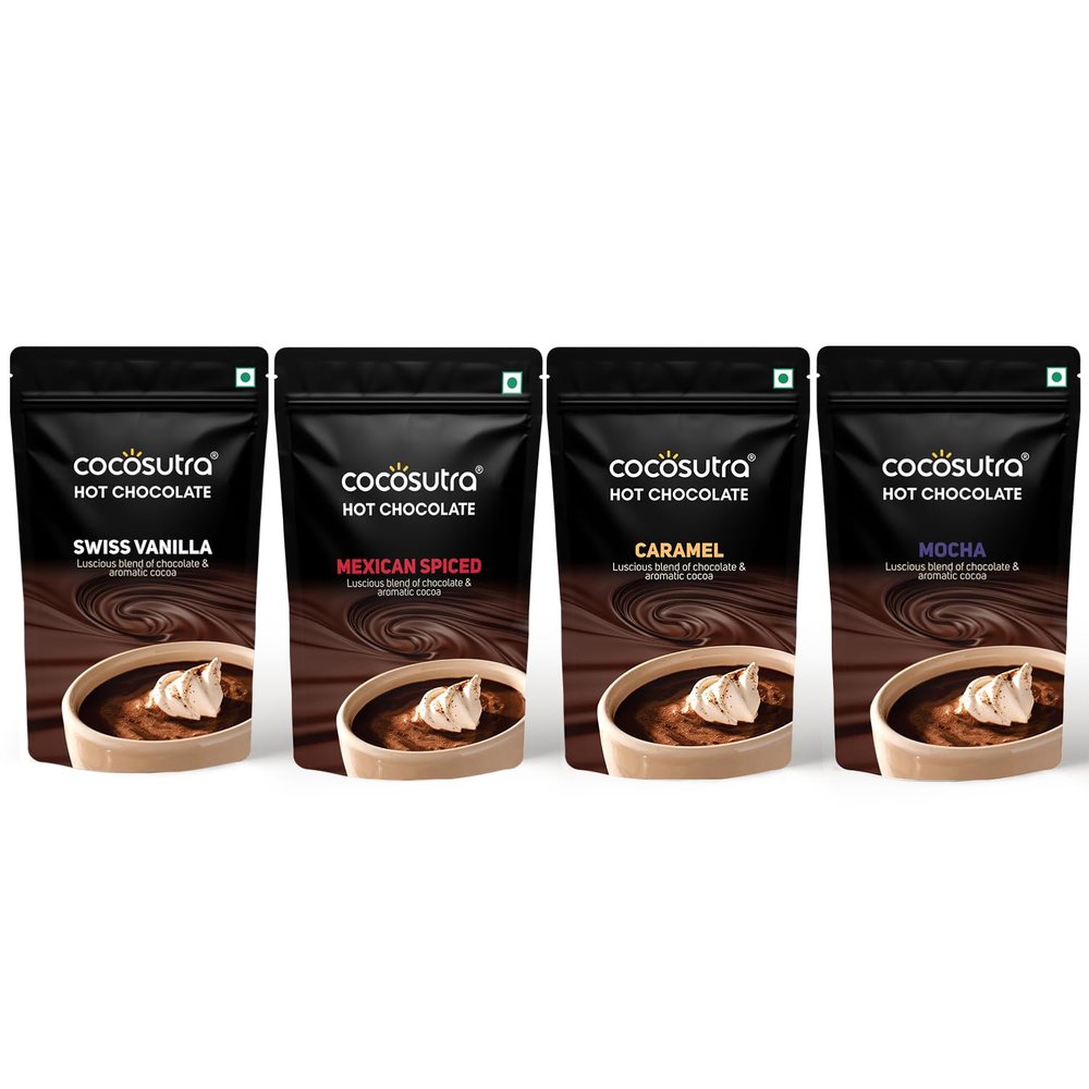 COCOSUTRA Hot Chocolate Mix | Swiss Vanilla, Mexican Spiced, Caramel & Mocha | Pack of 4 (Each 100 gm) 400 g | Drinking Chocolate Powder | Enjoy hot or cold
