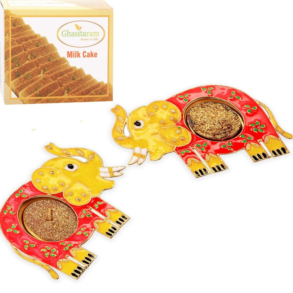 Ghasitaram Gifts Set of 2 Elephant Metal T-Lites with 200 GMS Delicious Milk Cake |Gift for Diwali,Holi,Rakhi,Valentine,Christmas,Birthday,Anniversary,Gift for Her,Him,Mothers Day,Fathers Day|