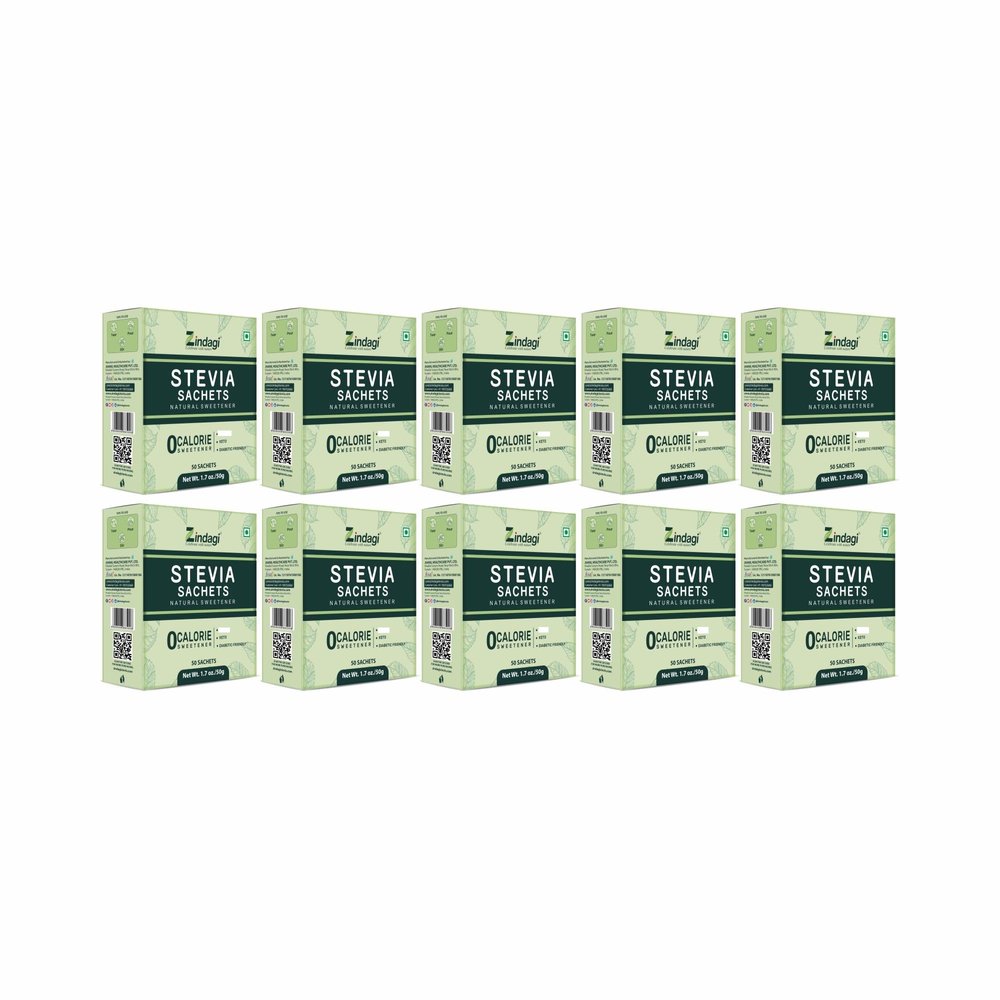 Zindagi Stevia Sachet - 100% Natutal Stevia Powder - Zero Calorie Sugar free - Stevia Leaves Extract -50 Sachets (Pack of 10)