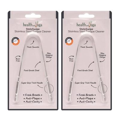 HealthAndYoga SteloSwipe Stainless Steel Tongue Cleaner (Set of 2) - Premium Design, Surgical Grade Scraper, Sterlisable- For Oral Care, Prevents Bad breath & Cavities- Women & Men- Travel/Home Use
