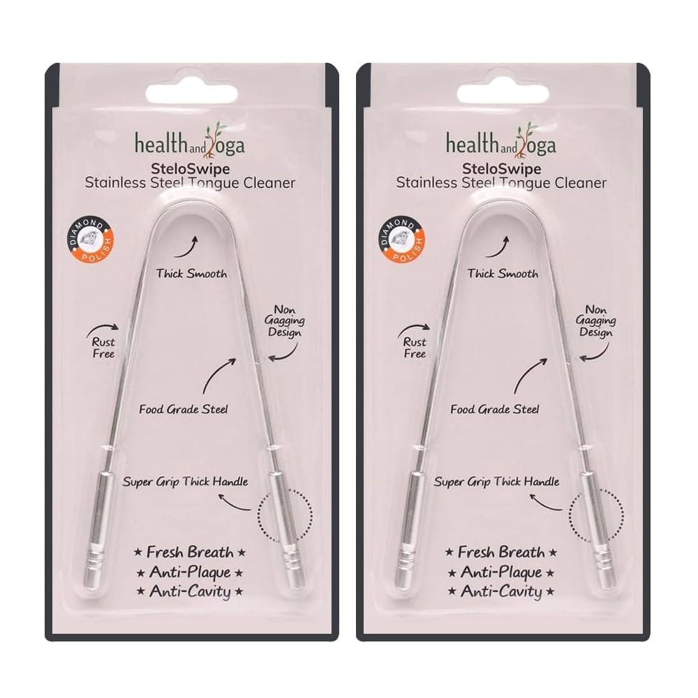HealthAndYoga SteloSwipe Stainless Steel Tongue Cleaner (Set of 2) - Premium Design, Surgical Grade Scraper, Sterlisable- For Oral Care, Prevents Bad breath & Cavities- Women & Men- Travel/Home Use