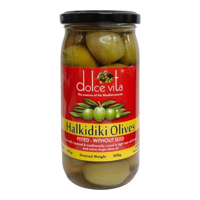 Dolce Vita Halkidiki Pitted Olives, 200g | Greek Green Olives Without Seeds | Ready to Eat | Ideal for Stuffing and paring with Salads or Gourmet Platters