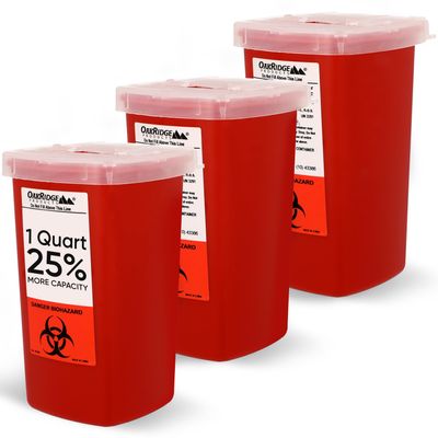 1 Quart size (Pack of 3) | Oakridge Products Sharps and Needle Container with Flip Lid | Perfect for personal use | Pen needles | Integrated needle unwinder | FDA approved | 8900sa