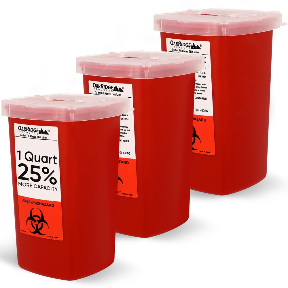 1 Quart size (Pack of 3) | Oakridge Products Sharps and Needle Container with Flip Lid | Perfect for personal use | Pen needles | Integrated needle unwinder | FDA approved | 8900sa