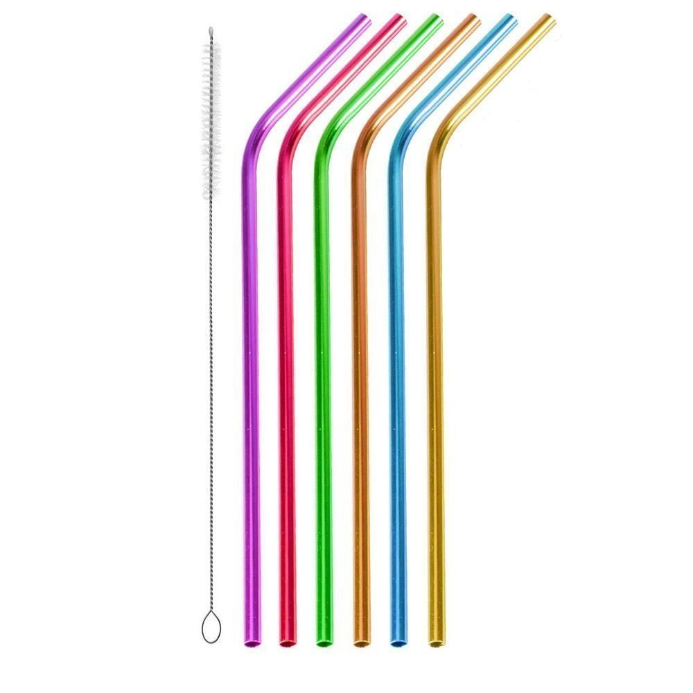 6Pcs 10.5"Drinking Straws, Aluminum Straws, Reusable Metal Smoothies Straws, Rainbow Colorful Straws for 20 30oz Stainless Tumblers Rumblers Cold Beverage, Free Cleaning Brush Included, Bent