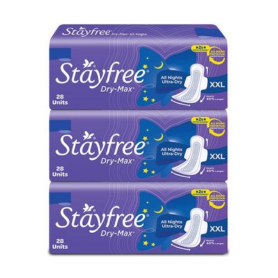 Stayfree Dry Max All Night XXL Dry Cover Sanitary Pads For Women Combo, 28s x 3 (84 Pads)