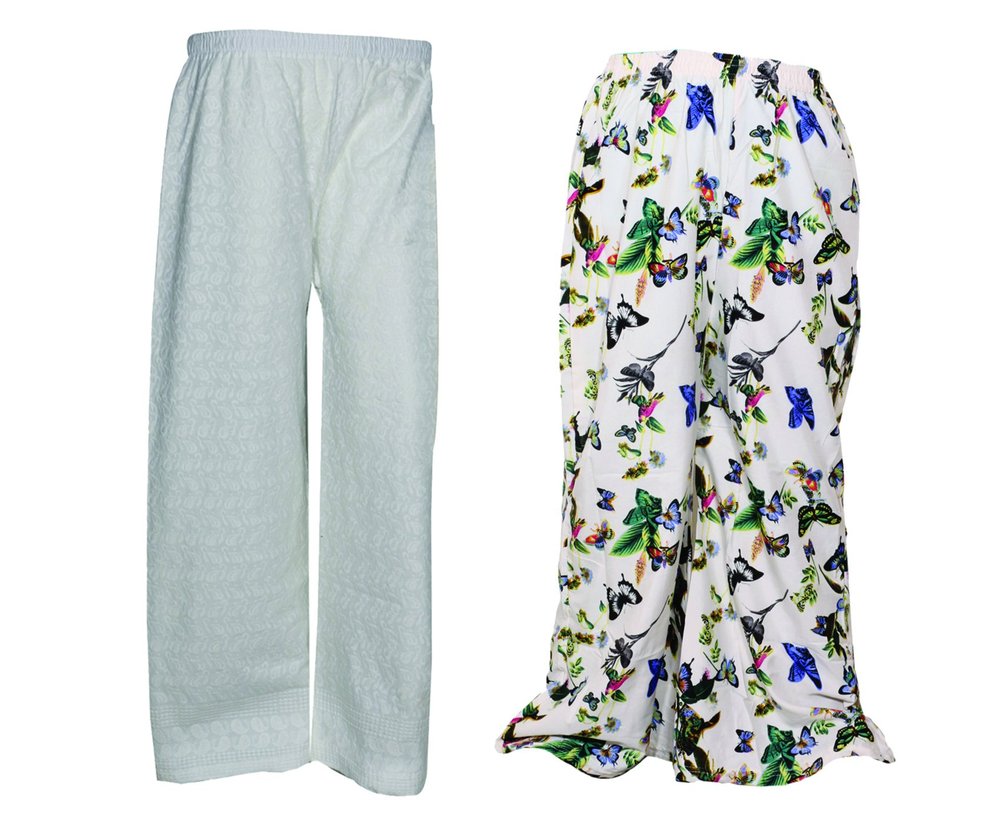 IndiWeaves Womens 1 Full Chikan Work Pallazo and 1 Printed Palazzo Combo Pack (Pack of 2 Palazo)-White::Multicolor-Size Free