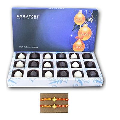 BOGATCHI rakhi chocolate gift box, modak , free rakhi, happy rakhi chocolate, rakhi chocolate gift, dark and white chocolate, rakhi gifts combo for brother, 18 pieces