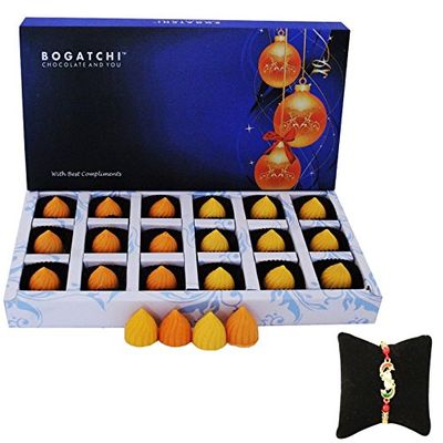 BOGATCHI RAKHI WITH CHOCOLATES, RAKHI GIFT HAMPER, RAKHI WITH SWEETS, MODAK , FREE RAKHI, HAPPY RAKHI CHOCOLATE, RAKHI CHOCOLATE GIFT, MANGO AND ORANGE CHOCOLATE, RAKHI GIFTS, RAKSHA BANDHAN GIFTS FOR BROTHER, 18 PIECES