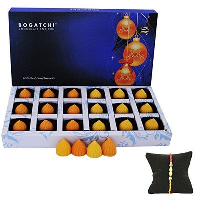 BOGATCHI RAKHI WITH CHOCOLATES, RAKHI GIFT HAMPER, RAKHI WITH SWEETS, MODAK , FREE RAKHI, HAPPY RAKHI CHOCOLATE, RAKHI CHOCOLATE GIFT, MANGO AND ORANGE CHOCOLATE, RAKHI GIFTS, RAKSHA BANDHAN GIFTS FOR BROTHER, 18 PIECES