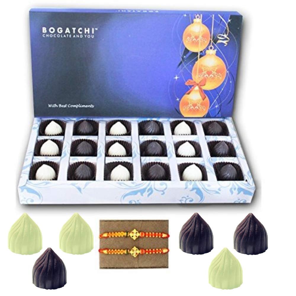 BOGATCHI RAKHI WITH CHOCOLATES, RAKHI GIFT HAMPER, RAKHI WITH SWEETS, MODAK , 2 FREE RAKHI, HAPPY RAKHI CHOCOLATE, RAKHI CHOCOLATE GIFT, DARK AND WHITE CHOCOLATE, RAKHI GIFTS, RAKSHA BANDHAN GIFTS FOR BROTHER, 18 PIECES
