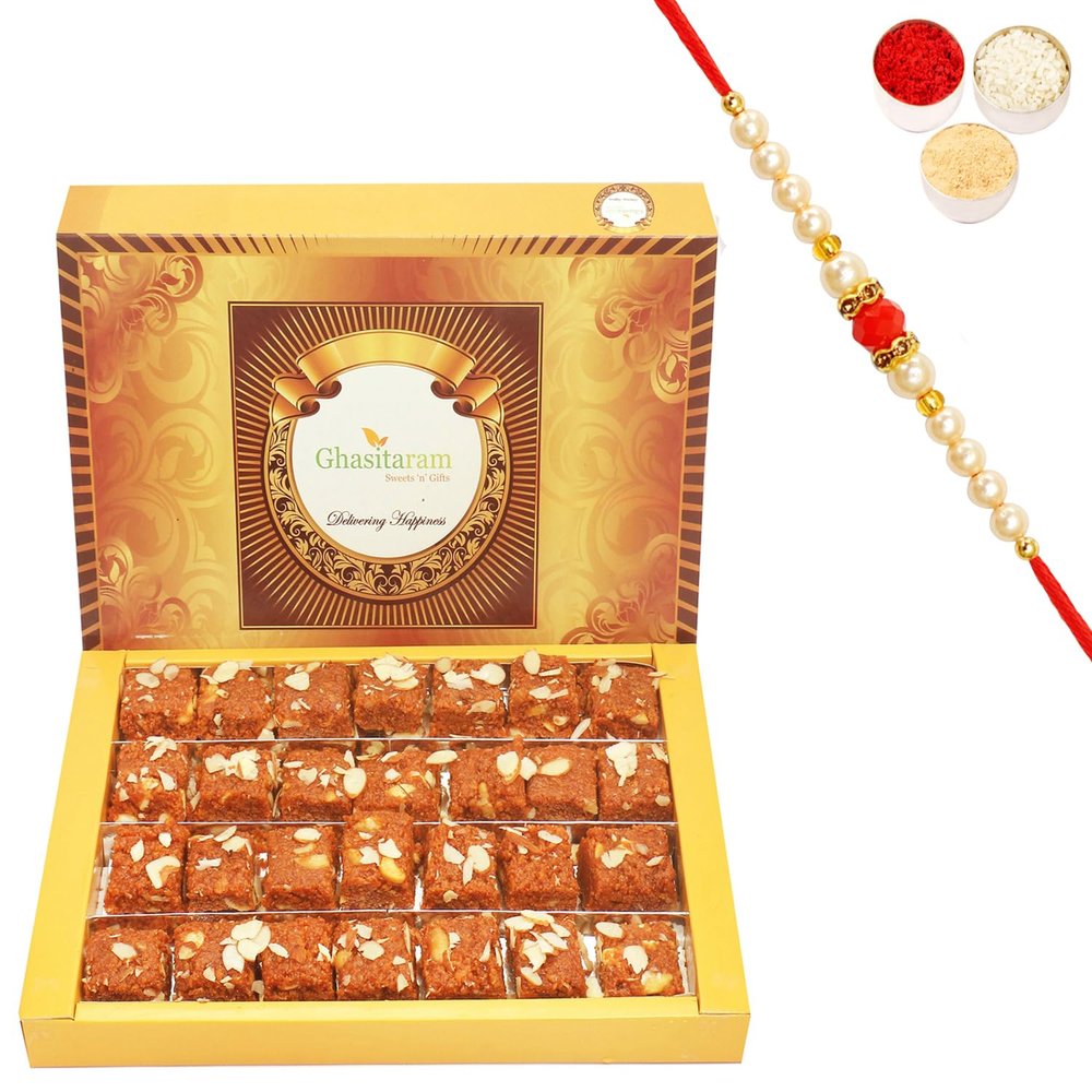 Ghasitaram Gifts Rakhi Gifts for Brothers Rakhi Sweets - Ghasitaram's Special Dodha Barfi (800 GMS) with Beads Rakhi