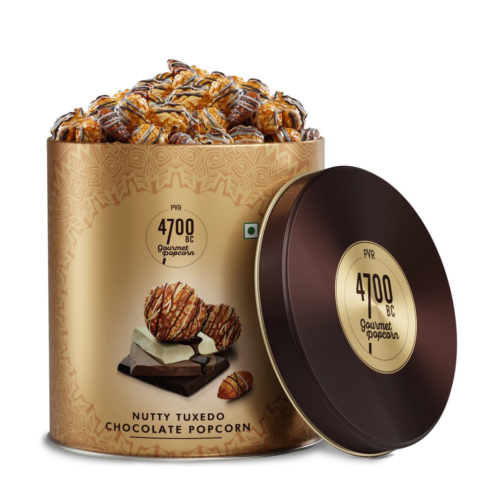 4700BC Nutty Tuxedo Chocolate Popcorn  Gourmet Gift Tin (375g) | Triple Chocolate with Roasted Almonds