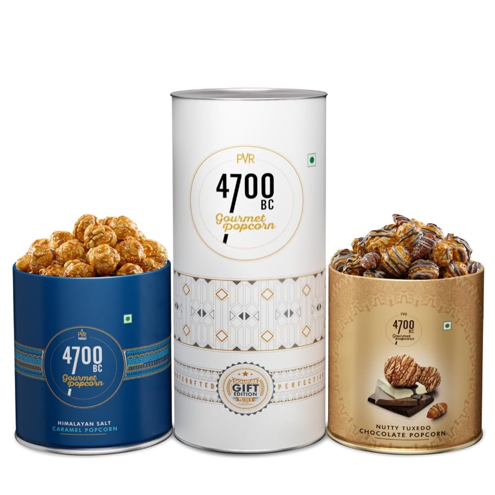 4700BC Gourmet Popcorn, Combo box,(2 Tins: 1 Himalayan Salt Caramel, 1 Nutty Tuxedo Chocolate), 275gm