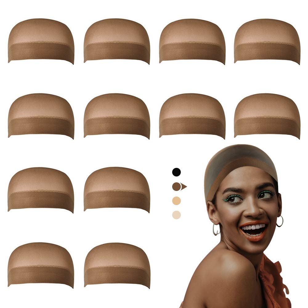 12 Pack Dreamlover Brown Nylon Wig Caps, Stretchy Close End Stocking Wig Caps