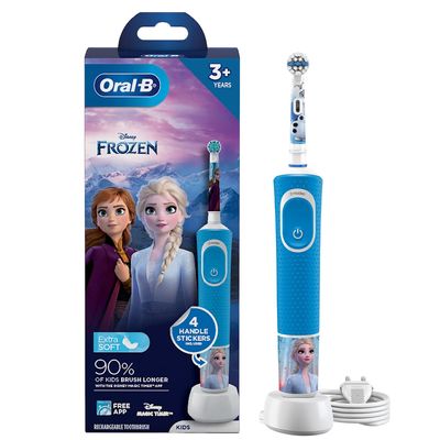 Oral B Kids Frozen Rechargeable Rotating Electric Toothbrush, 2 Brushing Modes (Daily & Sensitive), 2 Min Timer with Quadpacer, 2 Year Warranty, IPX7 Water Resistant, Round Brush Head