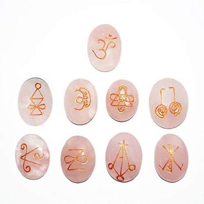 Reiki Crystal Products Rose Quartz Karuna Reiki Set 9 pc Pink Crystal Set for Reiki Healing