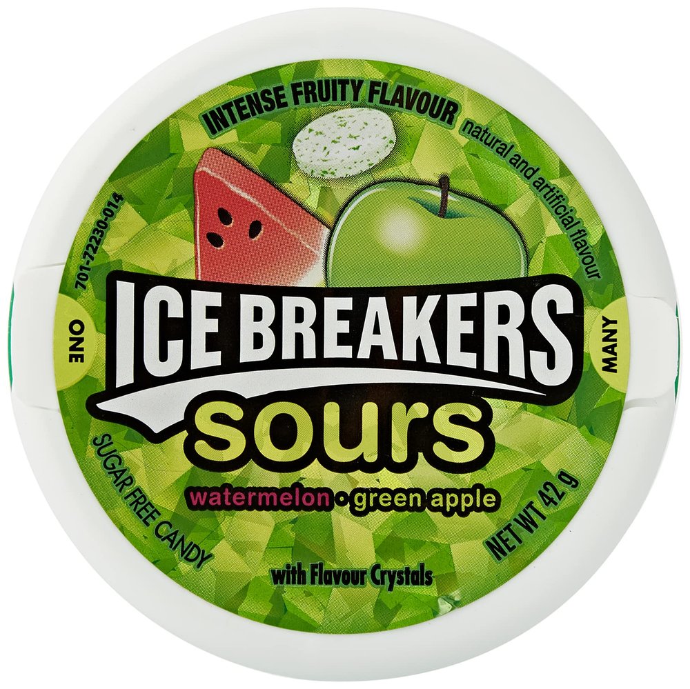 Icebreaker Sours Watermelon, Green Apple Sugar Free with Flavor Crystals, 1.5 Oz 42 G
