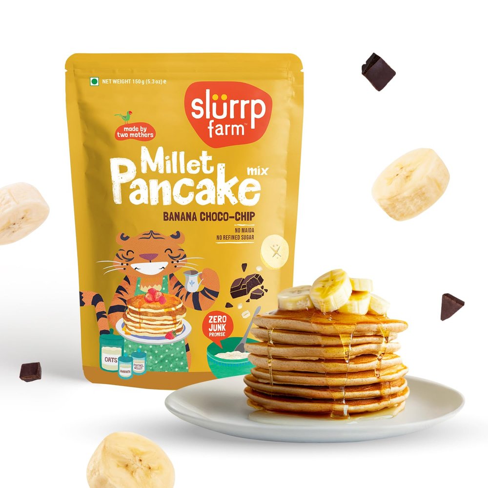 Slurrp Farm NO MAIDA Instant Breakfast Millet Pancake Mix, Banana Choco-Chip And Supergrains, Natural And Healthy Food, 150g