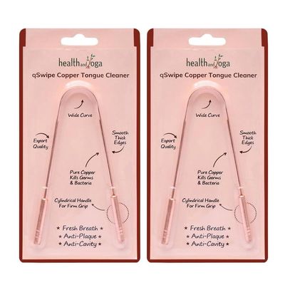 HealthAndYoga qSwipe Copper Tongue Cleaner (Set of 2)  Premium Design- Flexible & Smooth, Thick Handles for Firm Grip  Oral Hygiene Tool - Removes Bad breath & Plaque, Improves taste- Men & Women