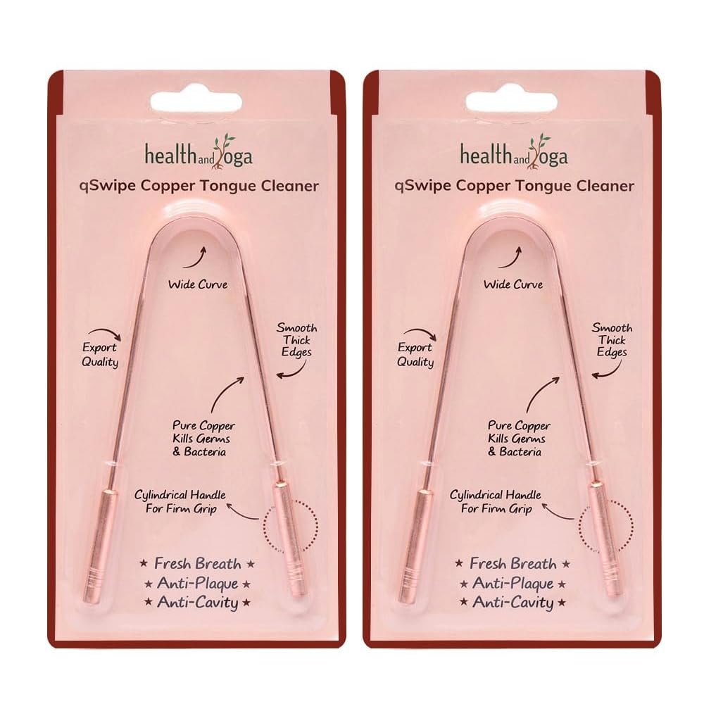 HealthAndYoga qSwipe Copper Tongue Cleaner (Set of 2) Premium Design- Flexible & Smooth, Thick Handles for Firm Grip Oral Hygiene Tool - Removes Bad breath & Plaque, Improves taste- Men & Women