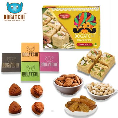 BOGATCHI Combo of Soan Papdi, Chocolates and Dry Fruits - Almonds, Raisins, Cashew - Best Gift Combo