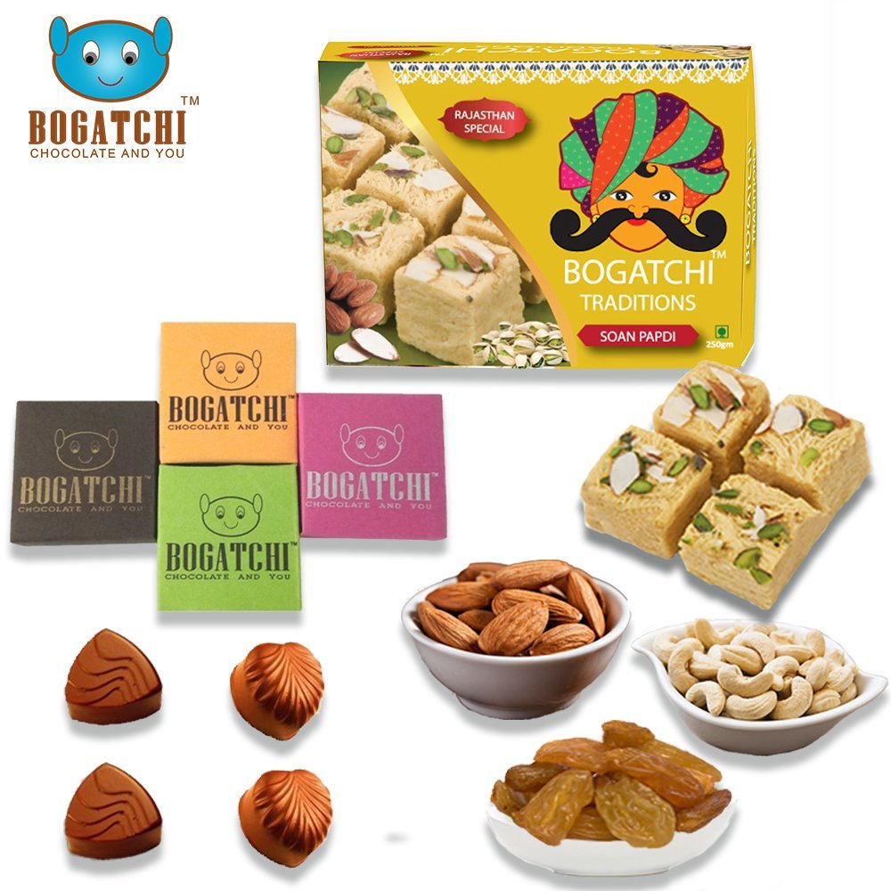BOGATCHI Combo of Soan Papdi, Chocolates and Dry Fruits - Almonds, Raisins, Cashew - Best Gift Combo