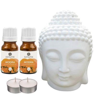 Aatiutik White Ceramic Buddha Head Aroma Diffuser Air Freshner for Home Office Aroma Oil Burner Lamp with 2Mogra Aroma Oil 10ml Each