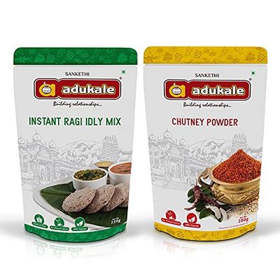 Adukale Instant Ragi Idli Mix and Chutney Powder Combo | Healthy South Indian Breakfast | Ragi Idli 250g Pack + Chutney Powder 200g Pack (Combo of 2)