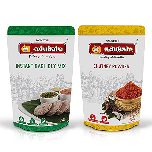 Adukale Instant Ragi Idli Mix and Chutney Powder Combo | Healthy South Indian Breakfast | Ragi Idli 250g Pack + Chutney Powder 200g Pack (Combo of 2)