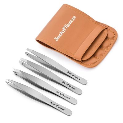 4 Tip Tweezer Set - SuchATweeze Premium Stainless Steel Precision Tweezers for Men & Women. Guaranteed Best Straight, Slant, Ingrown Pluckers for Shaping Eyebrows (Stainless Steel)