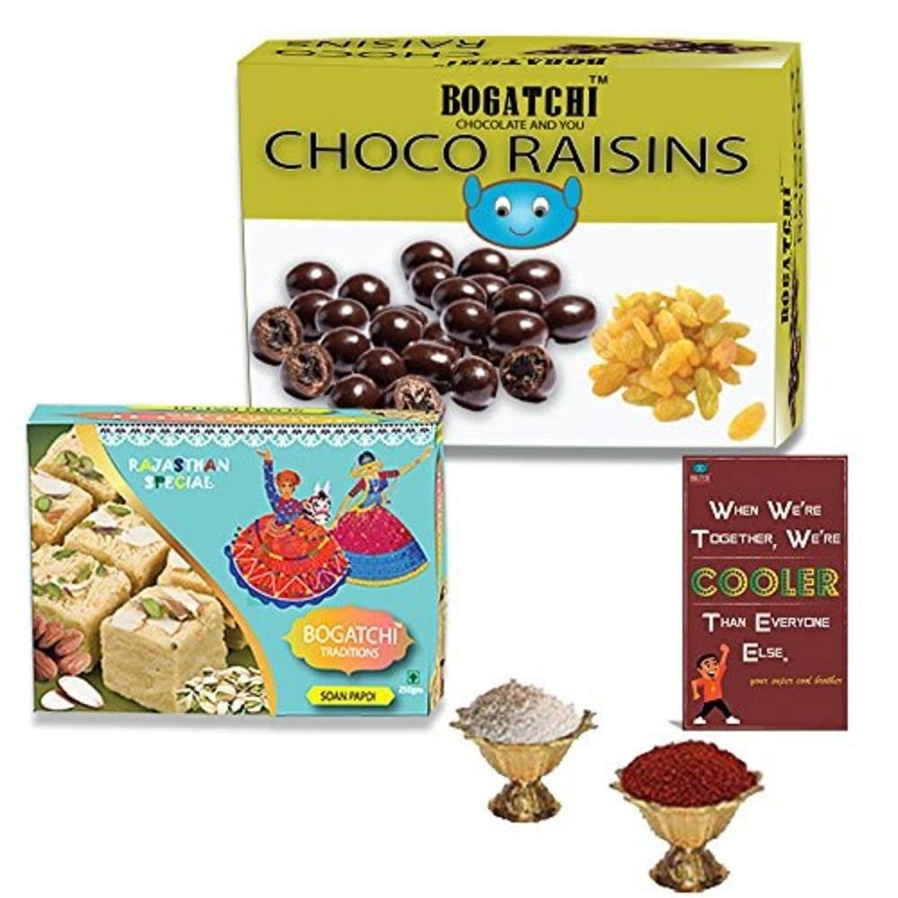 BOGATCHI Bhai Dooj Gifts, Chocolate Coated Raisins (100g)+ Premium Rajasthani Soan Papdi (250g), Free Roli Chawal and Greeting Card