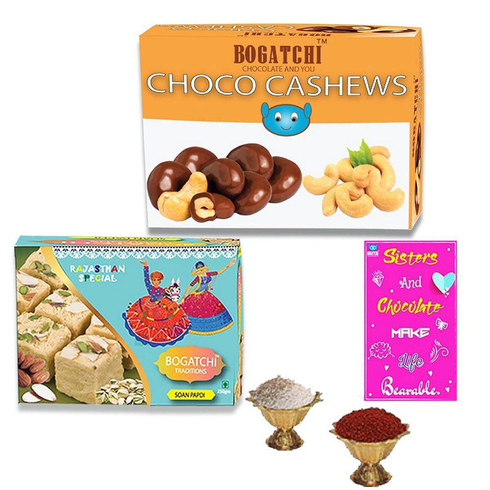 BOGATCHI Bhai Dooj Gifts, Chocolate Coated Cashew (100g)+ Premium Rajasthani Soan Papdi (250g), FREE Roli Chawal and Greeting Card