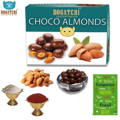 BOGATCHI Bhai Dooj Gifts, Chocolate Coated Almonds (100g) + Free Roli Chawal and Greeting Card