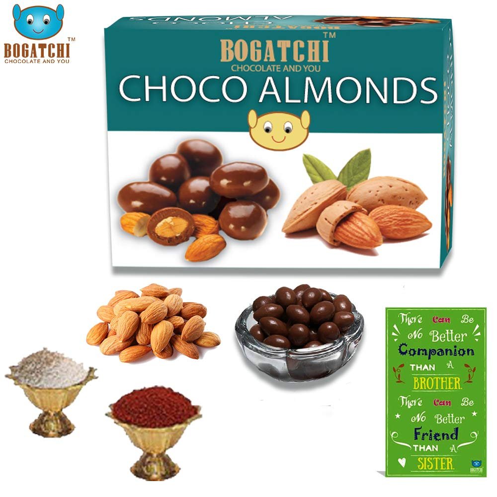BOGATCHI Bhai Dooj Gifts, Chocolate Coated Almonds (100g) + Free Roli Chawal and Greeting Card
