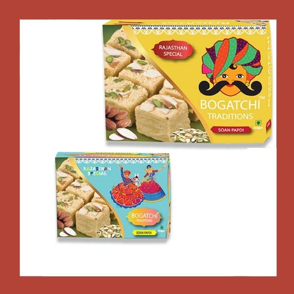 BOGATCHI Bhai Dooj Gifts Combo, Rajasthani Soan Papdi (400g + 200g) + Free Roli Chawal and Greeting Card