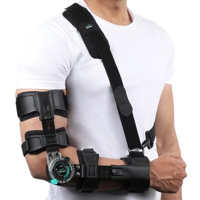 Tynor ROM Elbow Brace, with Adjustable Range of Motion | Support Elbow Injuries, Post-Surgery Recovery, Stabilizing Arm Brace for Pain Relief & Joint Protection | Universal Size, Left (1 Unit, Black)