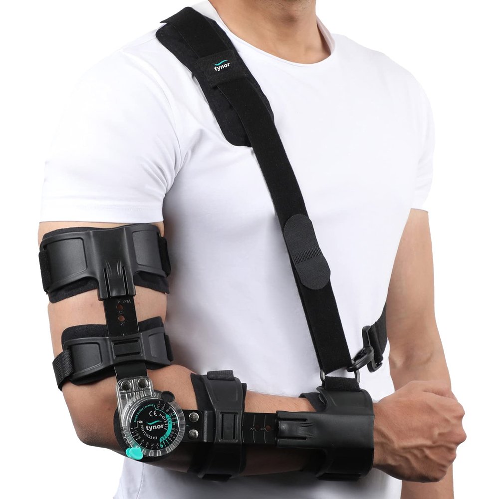 Tynor ROM Elbow Brace, with Adjustable Range of Motion | Support Elbow Injuries, Post-Surgery Recovery, Stabilizing Arm Brace for Pain Relief & Joint Protection | Universal Size, Left (1 Unit, Black)