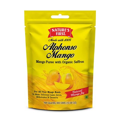 Nature's First 100% Alphonso Mango Pulp (6 x 300g) with Saffron (Kesar), with Pure Mango Goodness, Natural Flavor for Dessert, Shakes, Lassi, Smoothies, Juice