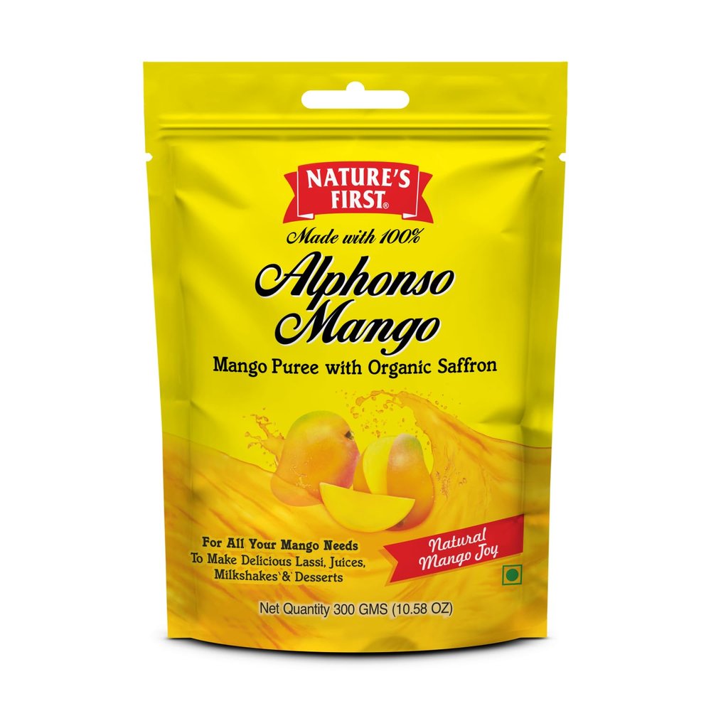 Nature's First 100% Alphonso Mango Pulp (6 x 300g) with Saffron (Kesar), with Pure Mango Goodness, Natural Flavor for Dessert, Shakes, Lassi, Smoothies, Juice